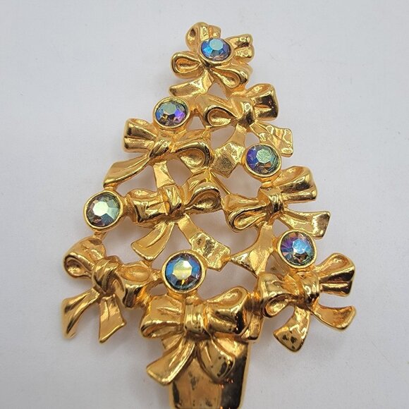 Vintage Gold Tone AB Rhinestone Bow Christmas Tree Signed Avon Brooch Pin - Picture 2 of 4